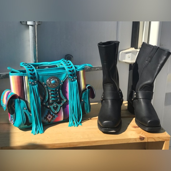 Brand New Biker Boots with a Native American Designed Purse BOTH BRAND NEW - Picture 1 of 16